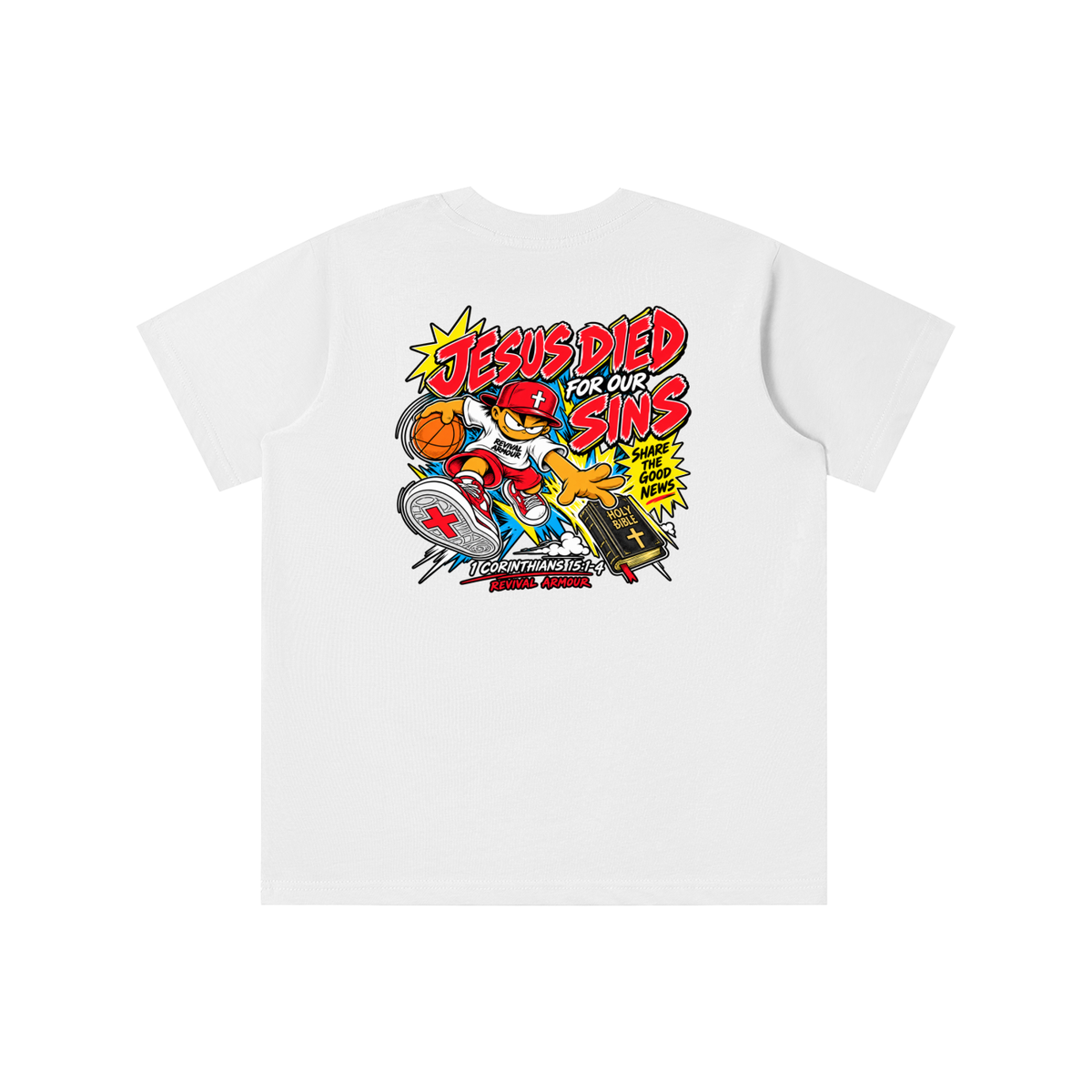 SUBMIT TO JESUS RESIST THE DEVIL AND HE WILL FLEE FROM YOU INSPIRED BY JAMES 4:7 JESUS DIED FOR OUR SINS SHARE THE GOOD NEWS HOLY BIBLE 1 CORTHIANS 15:1-4 REVIVAL ARMOUR youth T-shirt