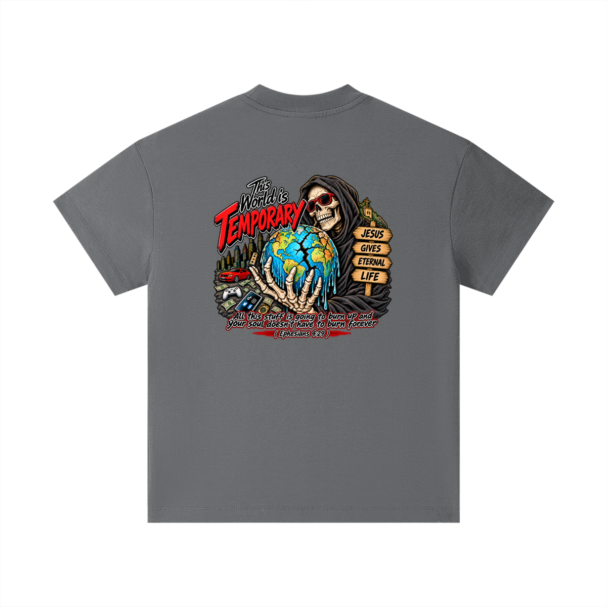 This world is temporary Jesus gives eternal life all this stuff is going to burn up and your doesn't have to burn forever ( Ephesians 4:29 ) Kids T-Shirt
