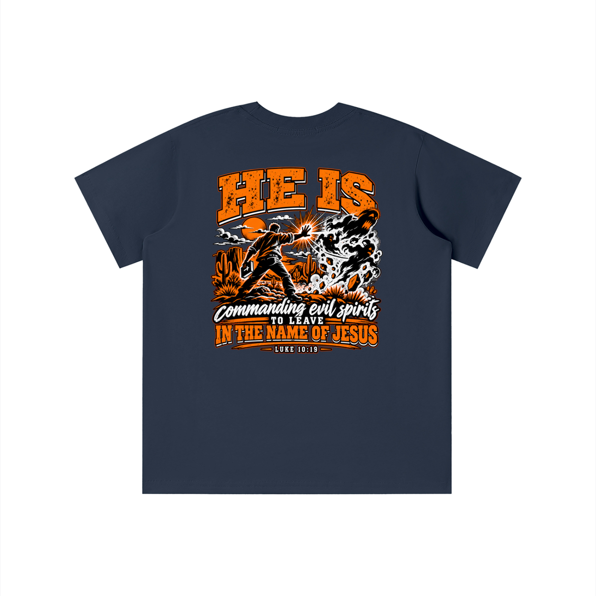 THE WEAPONS OF OUR WARFARE ARE NOT CARNAL HE IS COMMANDING EVIL SPIRITS TO LEAVE IN THE NAME OF JESUS - LUKE 10:19 - youth T-shirt