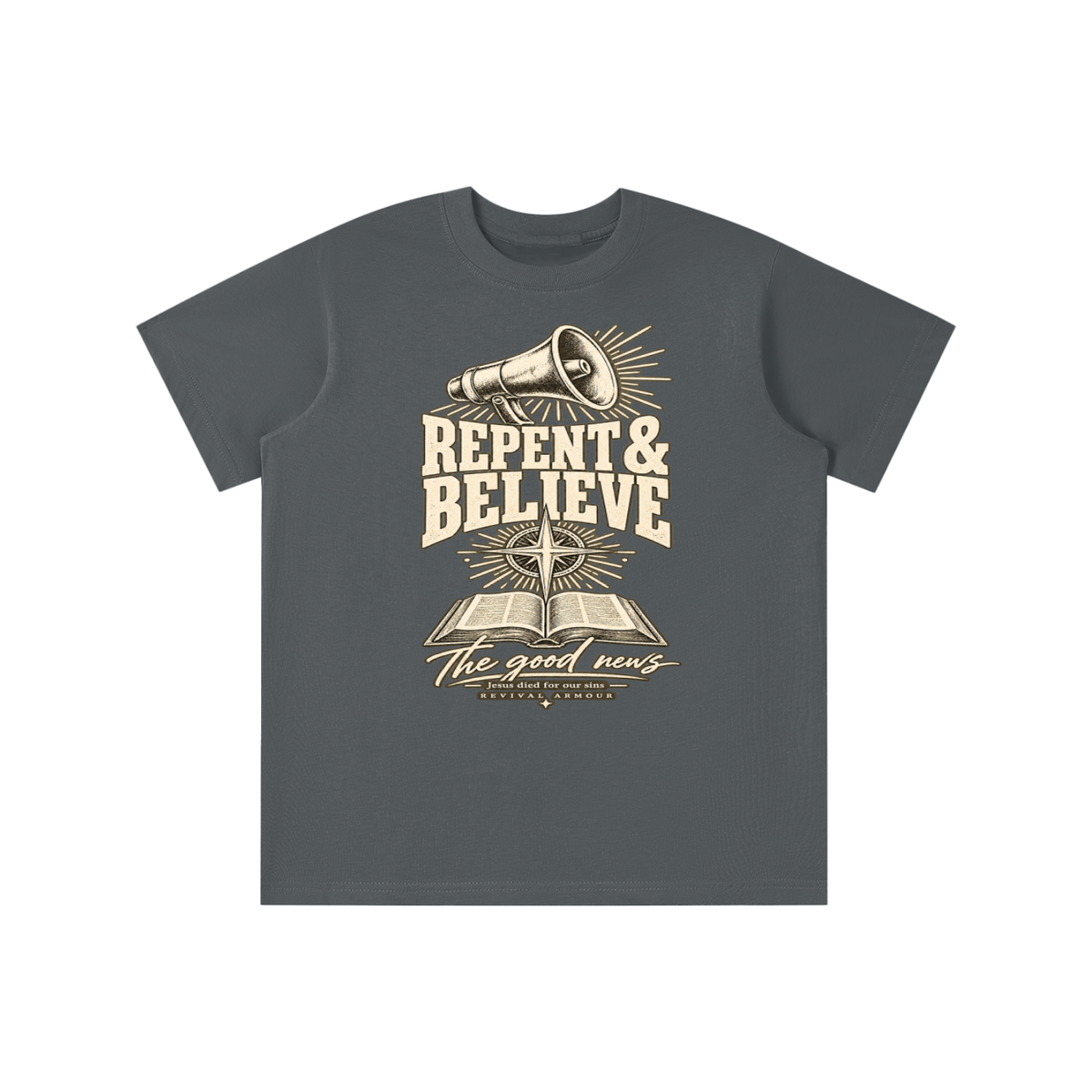 REPENT & BELIEVE The good news Jesus died for our sins REVIVAL ARMOUR youth T-shirt