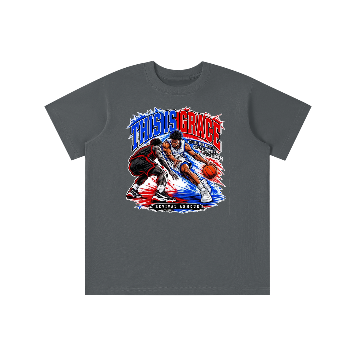 THIS IS GRACE YOU'RE NOT GETTING CROSSED WITH A CROSSOVER ( MARK 1:15 IS ON HIS SHOES TOO ) youth T-shirt