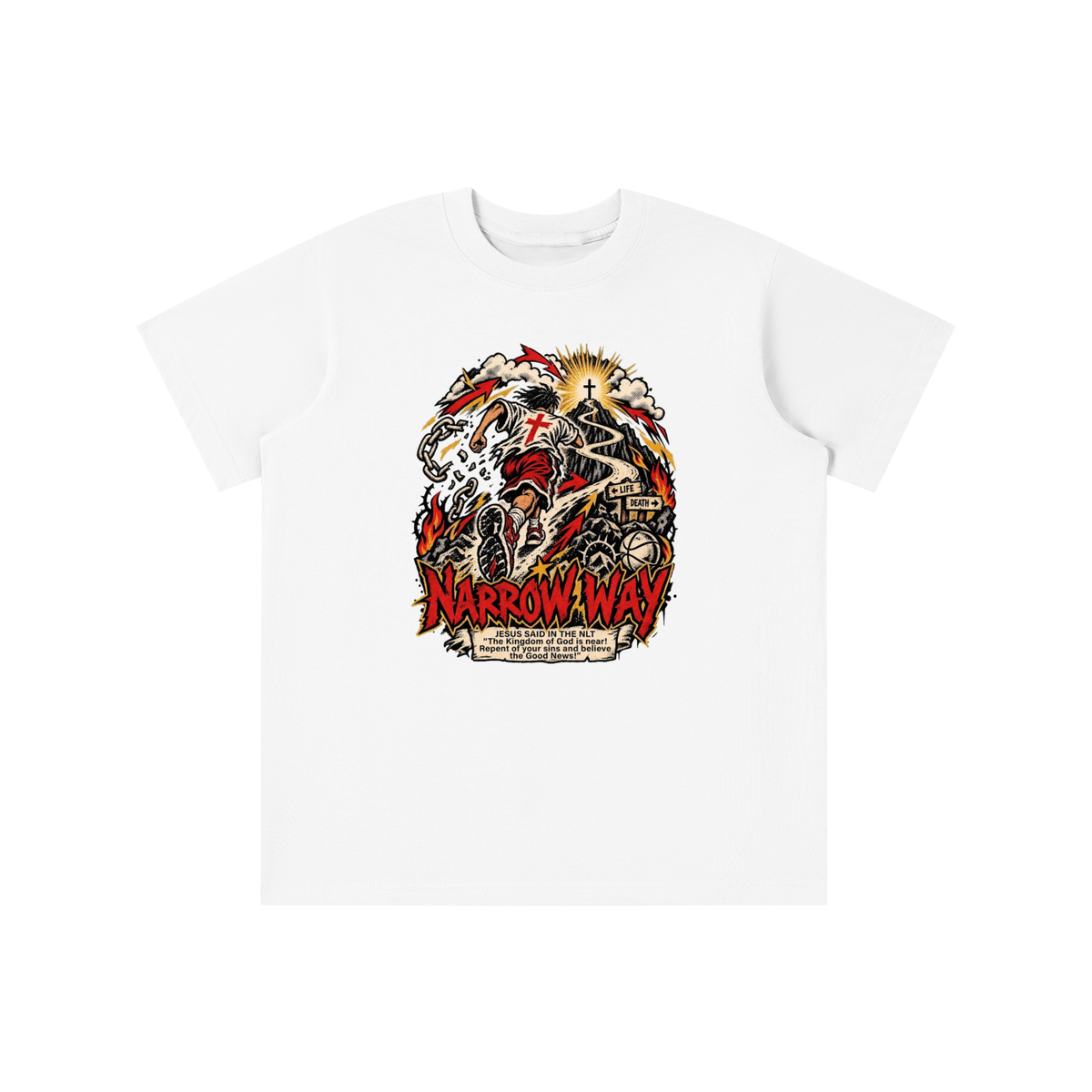 NARROW WAY JESUS SAID IN NLT "The kingdom of God is near! Repent of your sins and believe the Good News!" youth T-shirt