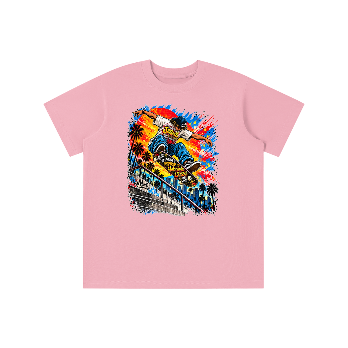 the blood of Jesus speaks better things than the blood of Abel the phrase is inspired by HEBREWS 12:24 skater youth T-shirt