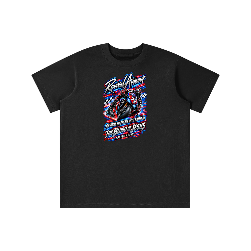 REVIVAL ARMOUR REVIVAL HAPPENS WITH FAITH IN THE BLOOD OF JESUS 1 PETER 1:18-19 youth T-shirt