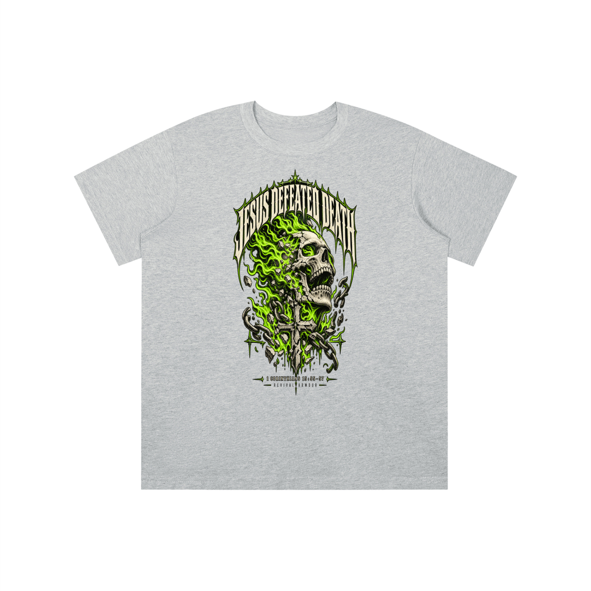 JESUS DEFEATED DEATH - 1 CORINTHIANS 15:55-57- youth T-shirt