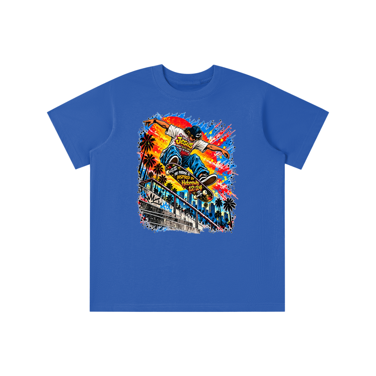 the blood of Jesus speaks better things than the blood of Abel the phrase is inspired by HEBREWS 12:24 skater youth T-shirt