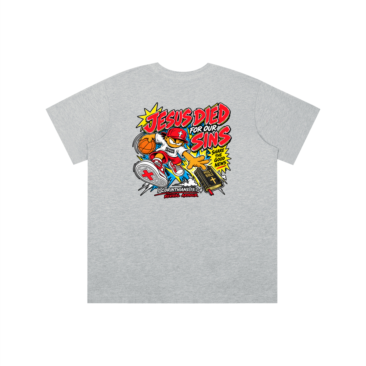 SUBMIT TO JESUS RESIST THE DEVIL AND HE WILL FLEE FROM YOU INSPIRED BY JAMES 4:7 JESUS DIED FOR OUR SINS SHARE THE GOOD NEWS HOLY BIBLE 1 CORTHIANS 15:1-4 REVIVAL ARMOUR youth T-shirt