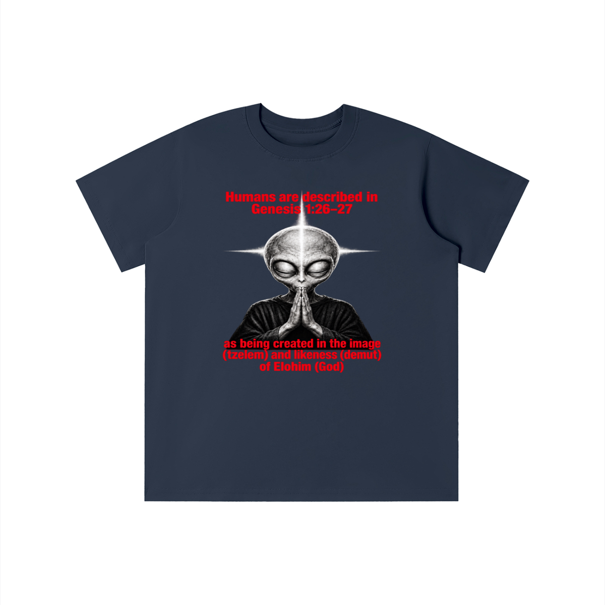 human are described in Genesis 1:26-27 as being created in the image (tzelem) and likeness (demut) of Elohim (God) youth T-shirt