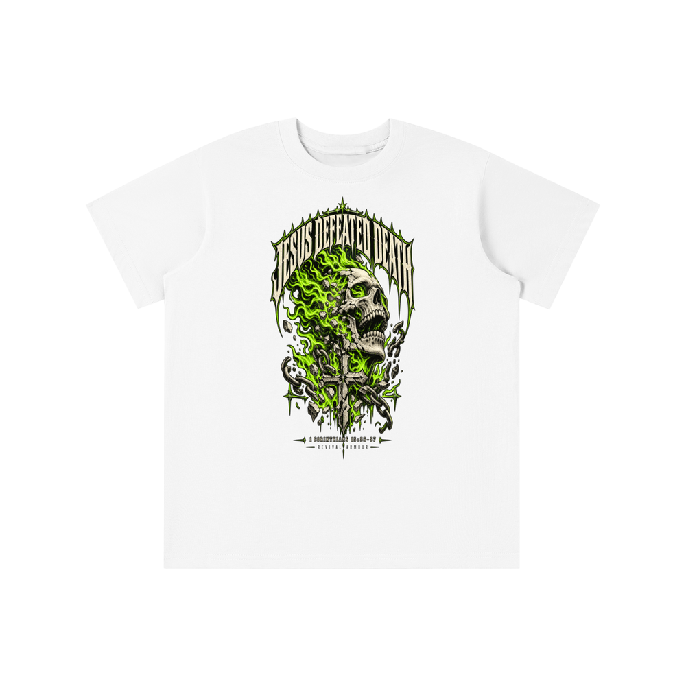 JESUS DEFEATED DEATH - 1 CORINTHIANS 15:55-57- youth T-shirt