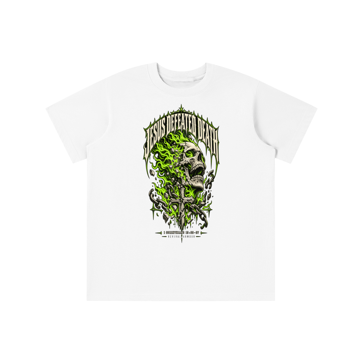 JESUS DEFEATED DEATH - 1 CORINTHIANS 15:55-57- youth T-shirt
