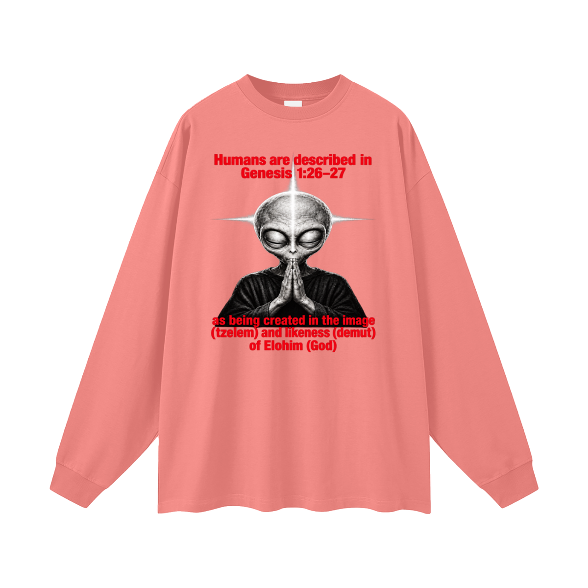 human are described in Genesis 1:26-27 as being created in the image (tzelem) and likeness (demut) of Elohim (God) Long Sleeve T-Shirt