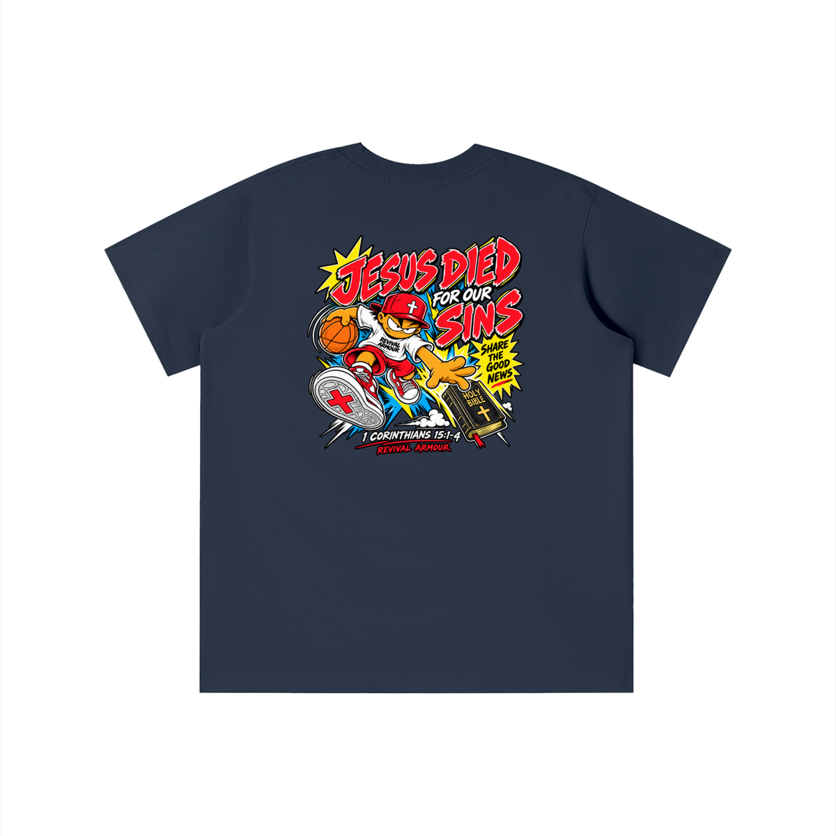 SUBMIT TO JESUS RESIST THE DEVIL AND HE WILL FLEE FROM YOU INSPIRED BY JAMES 4:7 JESUS DIED FOR OUR SINS SHARE THE GOOD NEWS HOLY BIBLE 1 CORTHIANS 15:1-4 REVIVAL ARMOUR Kids' T-shirt