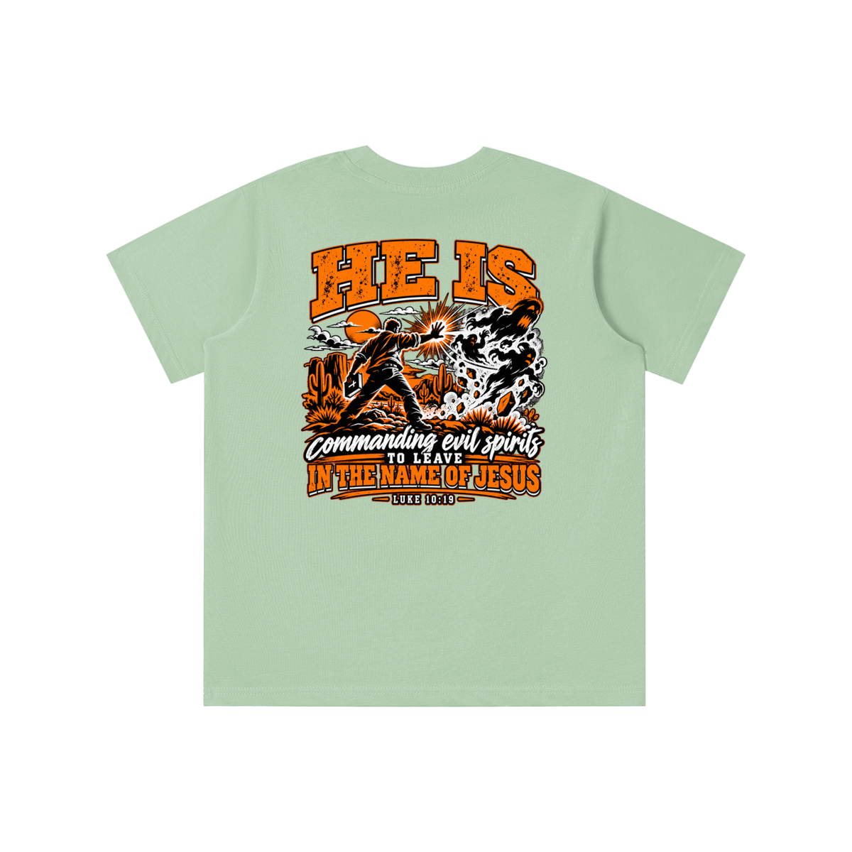 THE WEAPONS OF OUR WARFARE ARE NOT CARNAL HE IS COMMANDING EVIL SPIRITS TO LEAVE IN THE NAME OF JESUS - LUKE 10:19 - youth T-shirt