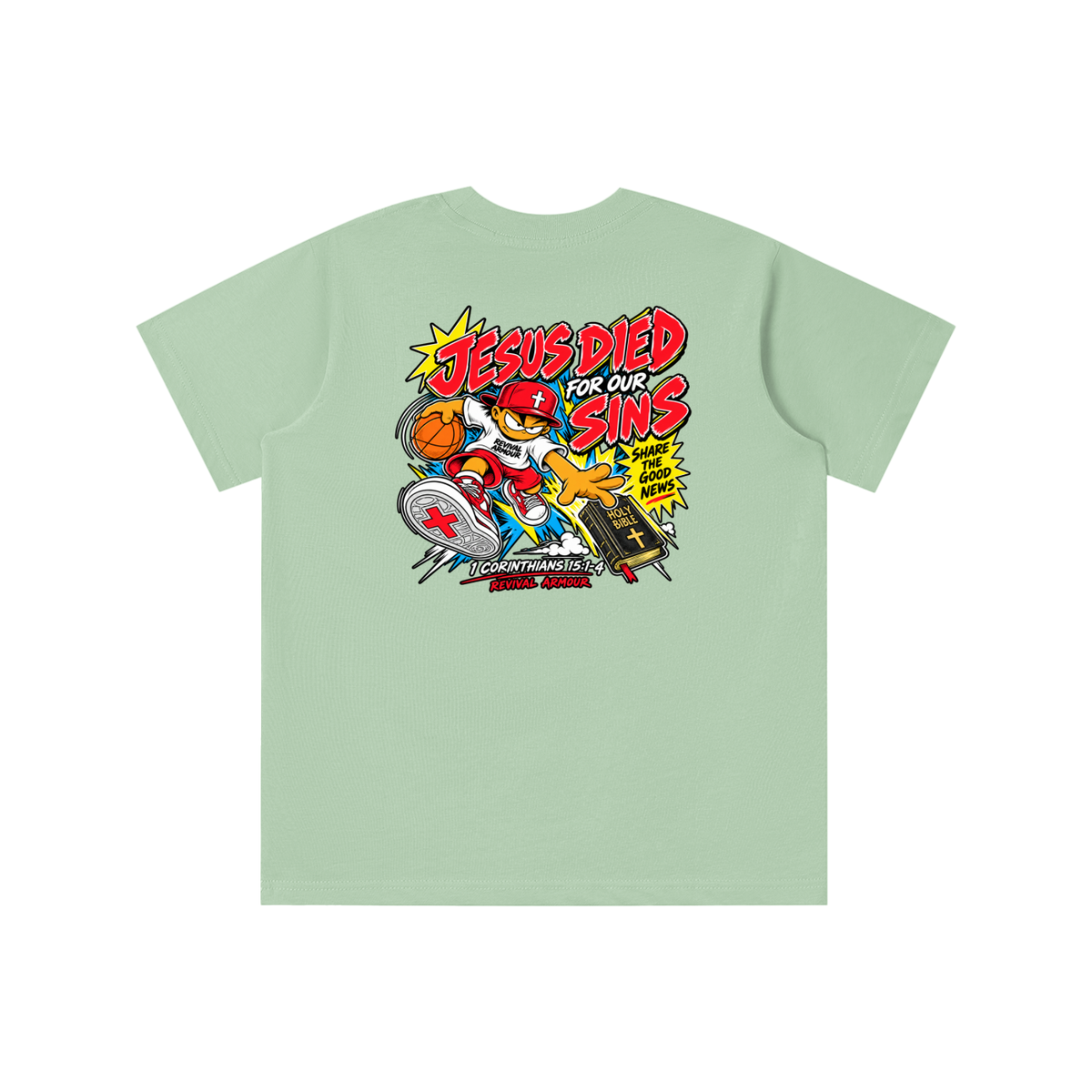 SUBMIT TO JESUS RESIST THE DEVIL AND HE WILL FLEE FROM YOU INSPIRED BY JAMES 4:7 JESUS DIED FOR OUR SINS SHARE THE GOOD NEWS HOLY BIBLE 1 CORTHIANS 15:1-4 REVIVAL ARMOUR youth T-shirt