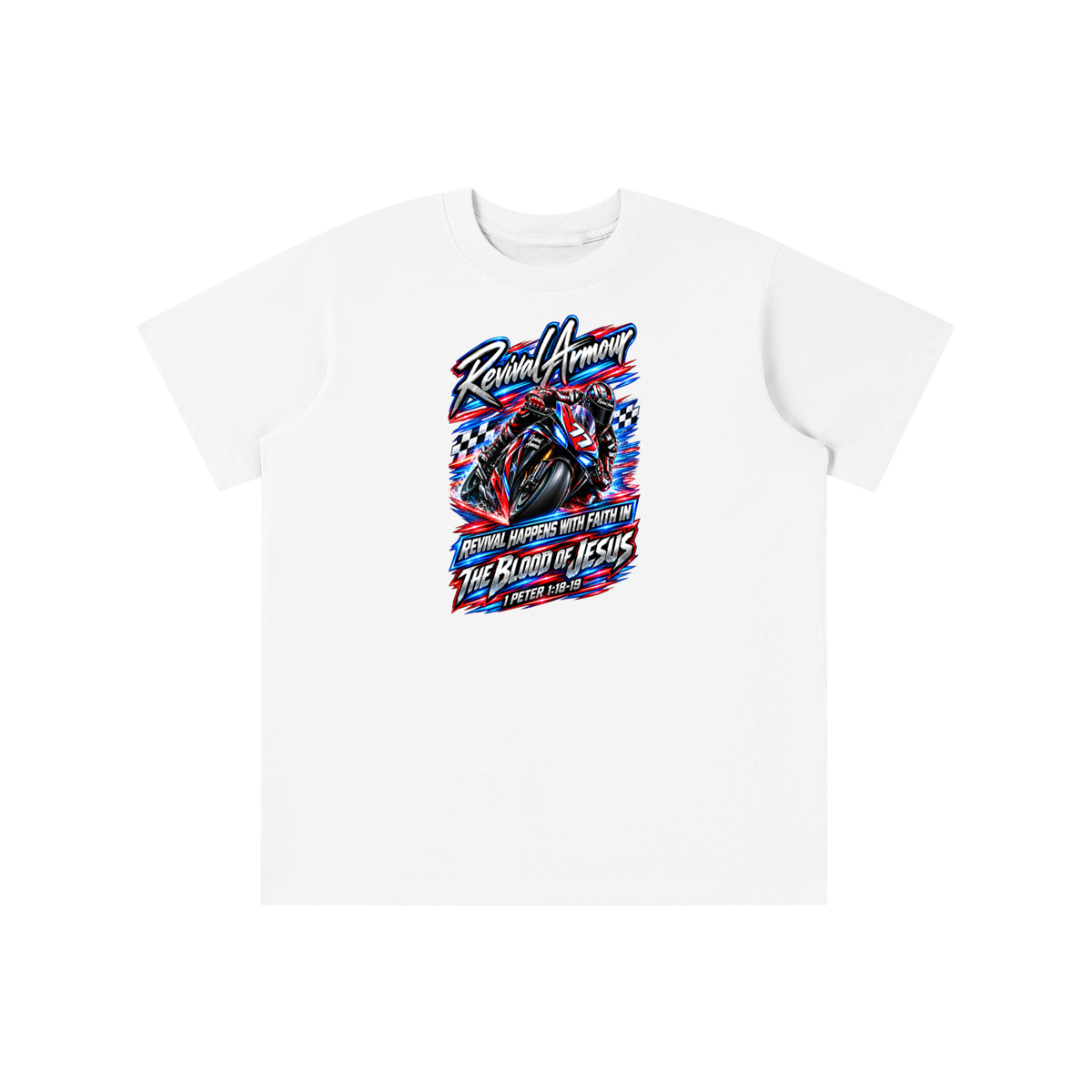REVIVAL ARMOUR REVIVAL HAPPENS WITH FAITH IN THE BLOOD OF JESUS 1 PETER 1:18-19 youth T-shirt