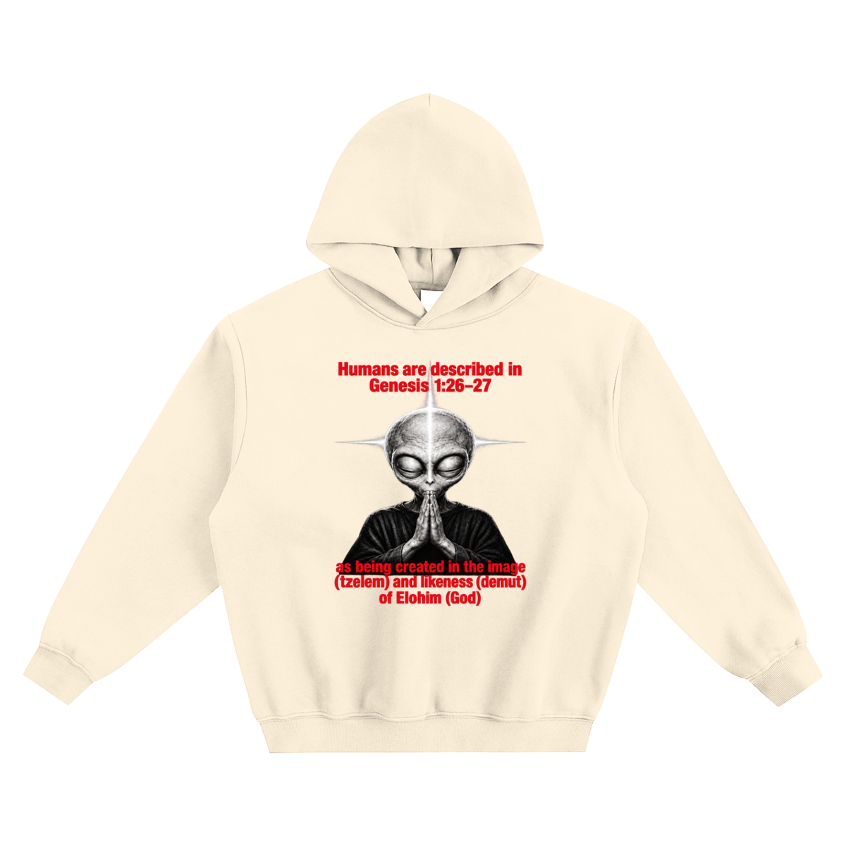 human are described in Genesis 1:26-27 as being created in the image (tzelem) and likeness (demut) of Elohim (God) no pocket Hoodie