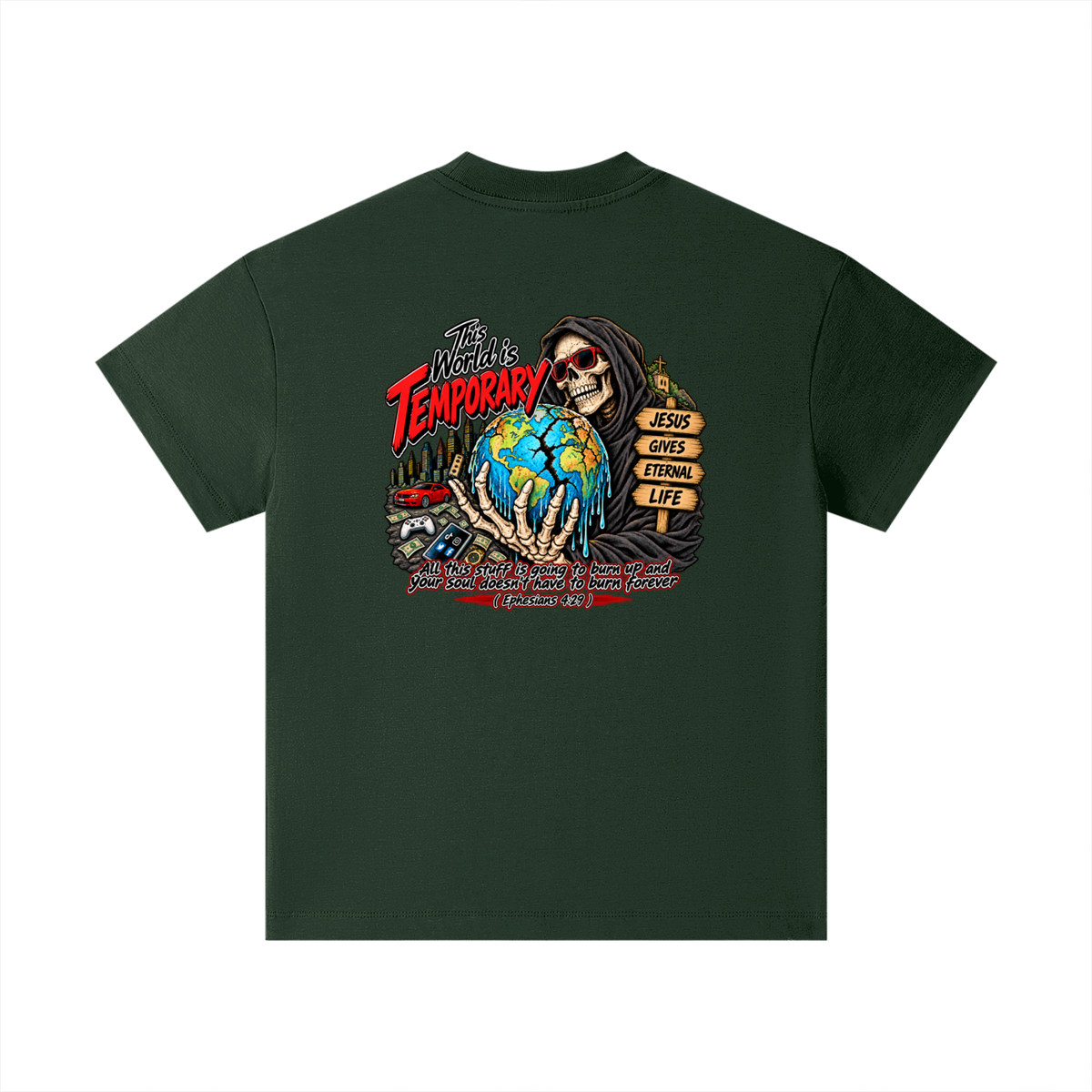 This world is temporary Jesus gives eternal life all this stuff is going to burn up and your doesn't have to burn forever ( Ephesians 4:29 ) Kids T-Shirt