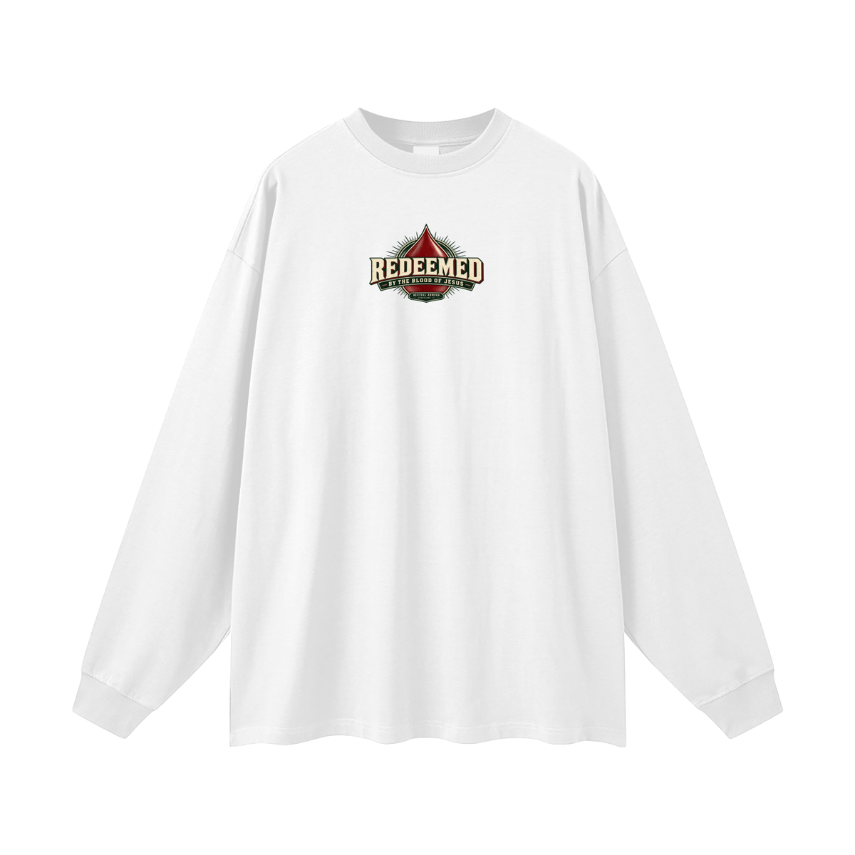 REDEEMED BY THE BLOOD OF JESUS -REVIVAL ARMOUR- -EPHESIANS 1:7- Long Sleeve T-Shirt