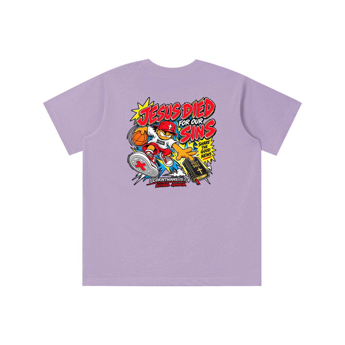 SUBMIT TO JESUS RESIST THE DEVIL AND HE WILL FLEE FROM YOU INSPIRED BY JAMES 4:7 JESUS DIED FOR OUR SINS SHARE THE GOOD NEWS HOLY BIBLE 1 CORTHIANS 15:1-4 REVIVAL ARMOUR Kids' T-shirt