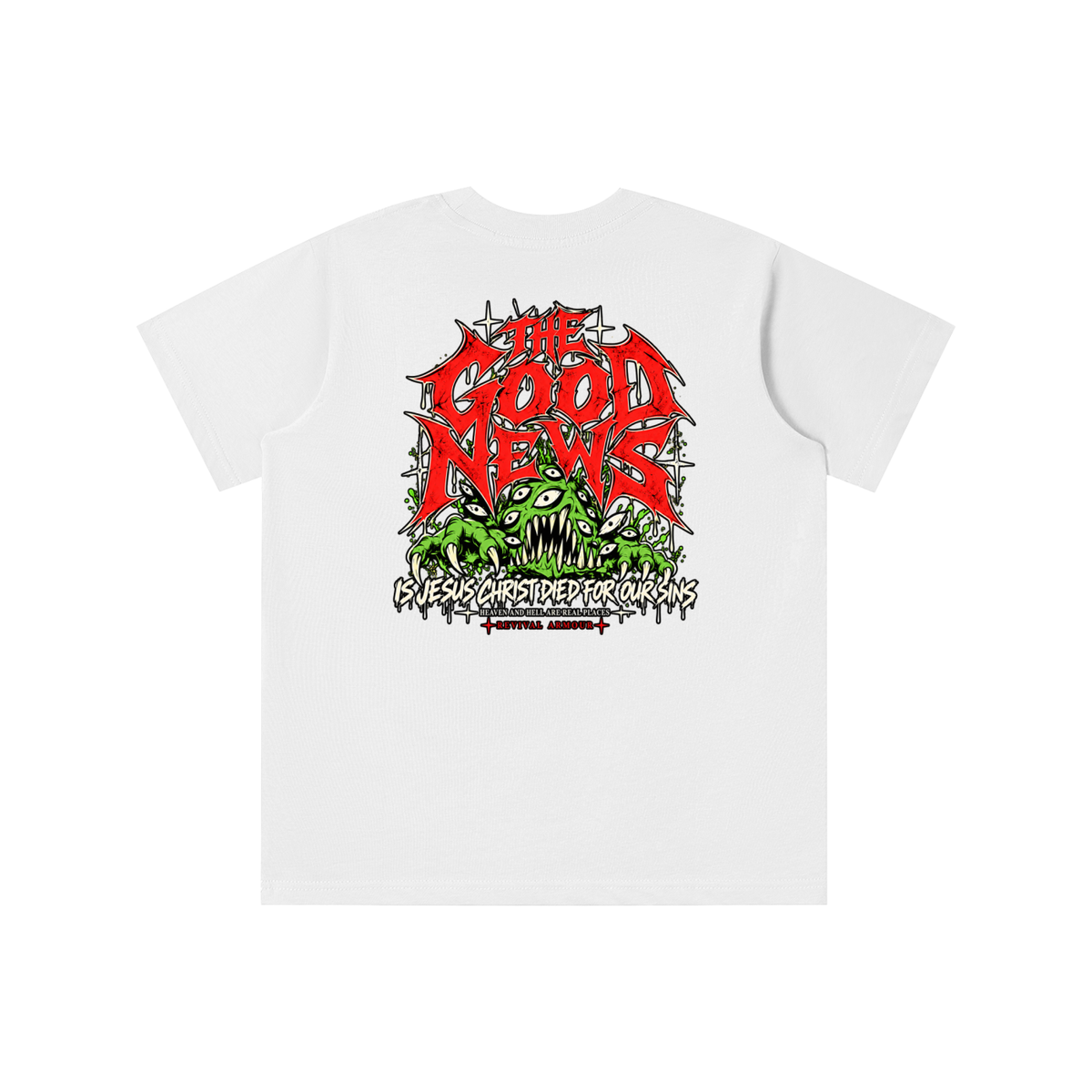 ACCORDING TO 1 CORINTHIANS 15:1-4 NLT THE GOOD NEWS IS JESUS CHRIST DIED FOR OUR SINS HEAVEN AND HELL ARE PLACES youth T-shirt