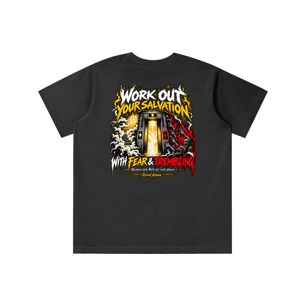 THE WAGE OF SIN IS DEATH WORKOUT YOUR SALVATION WITH FEAR & TREMBLING youth T-shirt