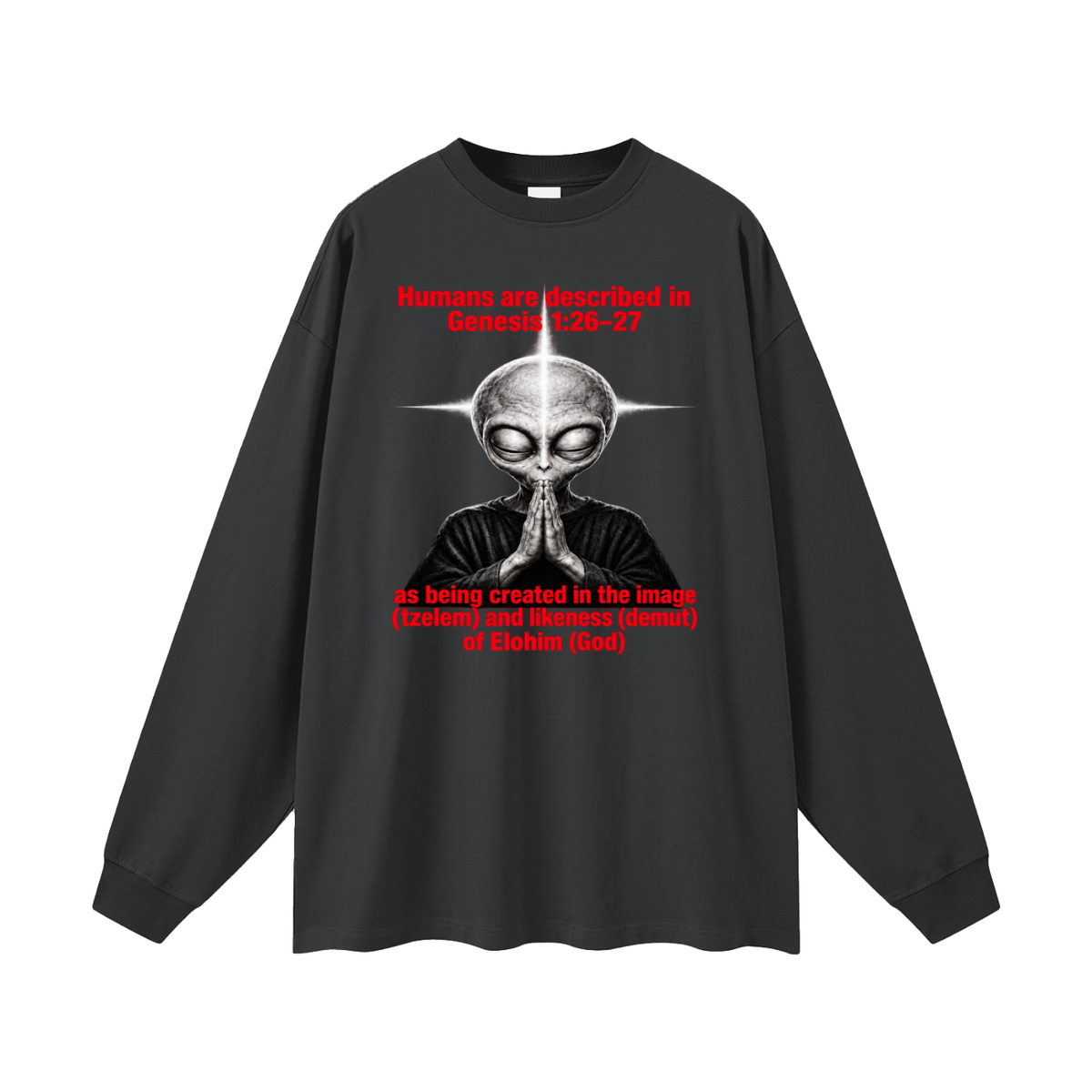 human are described in Genesis 1:26-27 as being created in the image (tzelem) and likeness (demut) of Elohim (God) Long Sleeve T-Shirt