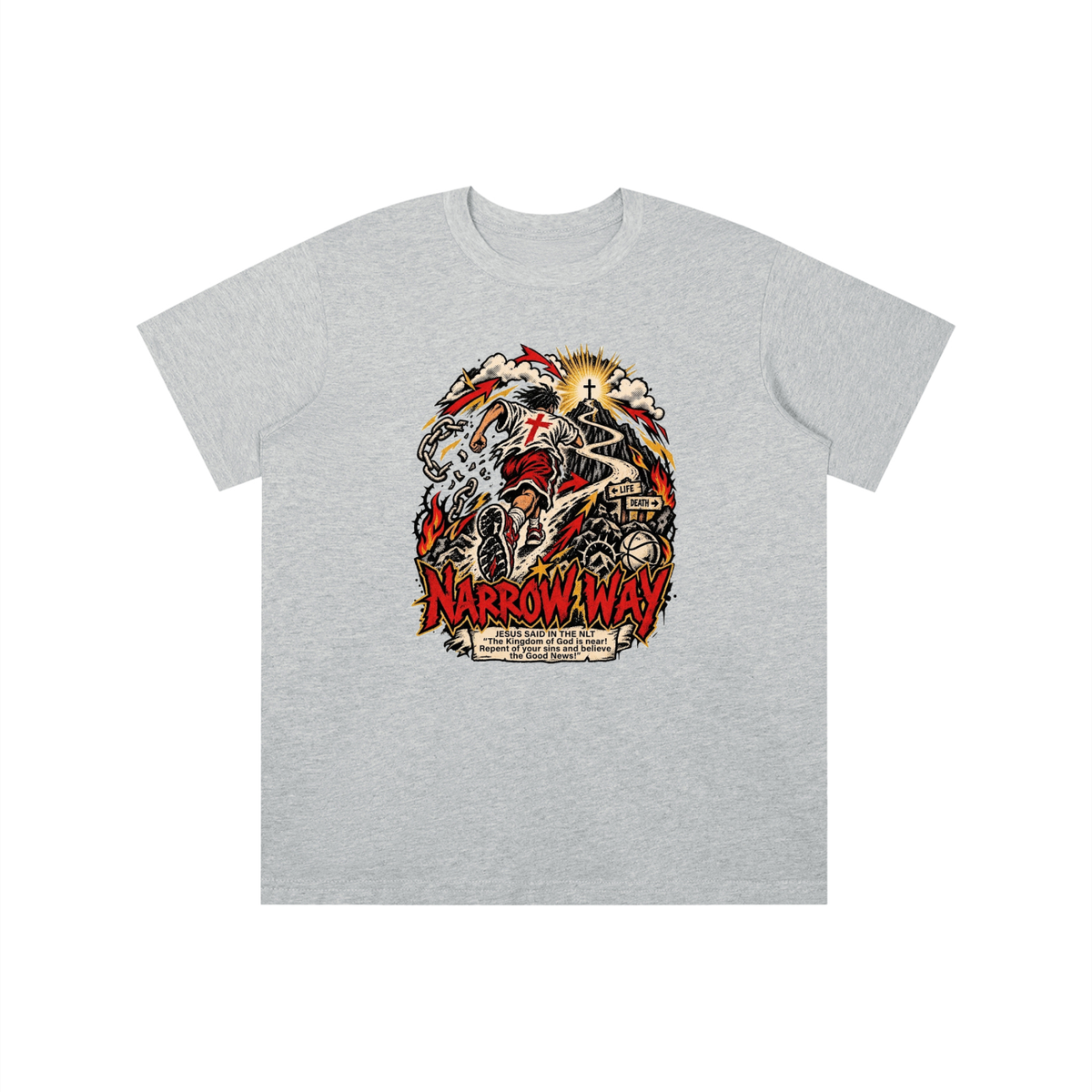 NARROW WAY JESUS SAID IN NLT "The kingdom of God is near! Repent of your sins and believe the Good News!" youth T-shirt
