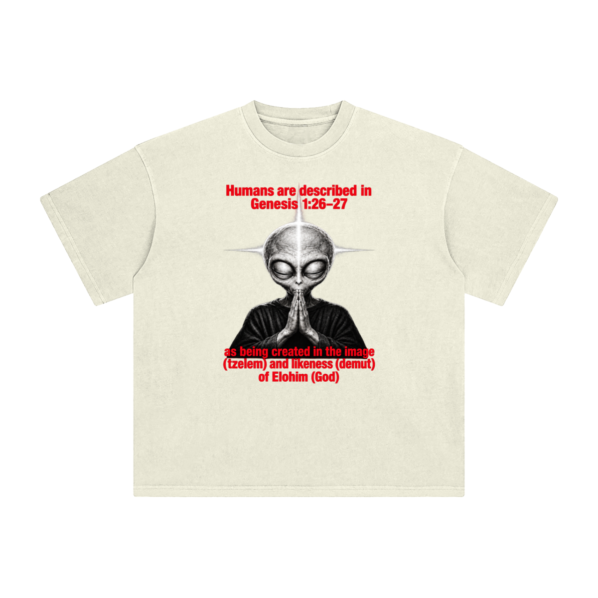 human are described in Genesis 1:26-27 as being created in the image (tzelem) and likeness (demut) of Elohim (God) T-Shirt