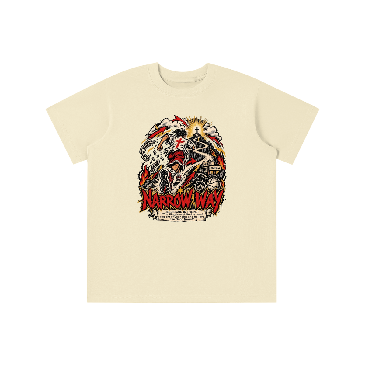 NARROW WAY JESUS SAID IN NLT "The kingdom of God is near! Repent of your sins and believe the Good News!" youth T-shirt