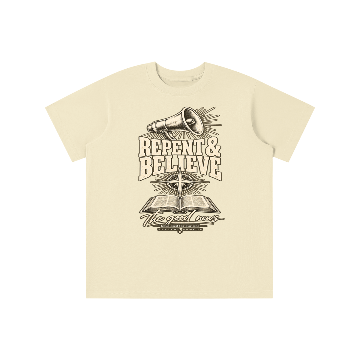 REPENT & BELIEVE The good news Jesus died for our sins REVIVAL ARMOUR youth T-shirt