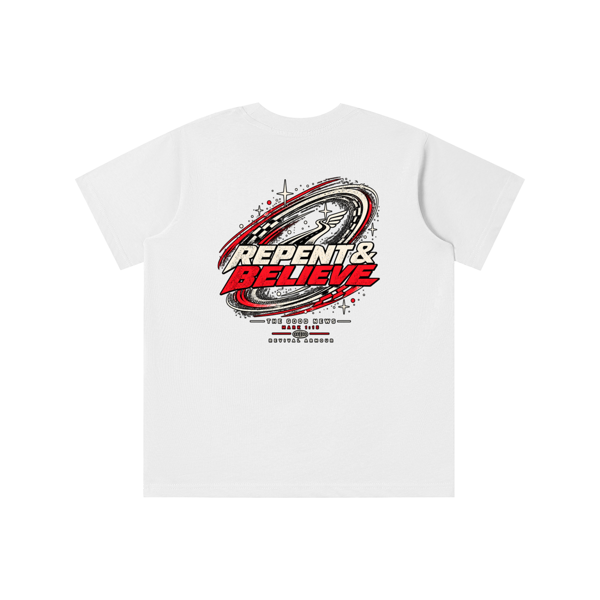 JESUS CHRIST DIED FOR OUR SINS THAT'S THE GOOD NEWS ACCORDING TO 1 CORINTHIANS 15:1-4 REPENT & BELIEVE THE GOOD NEWS - MARK 1:15 - REVIVAL ARMOUR youth T-shirt