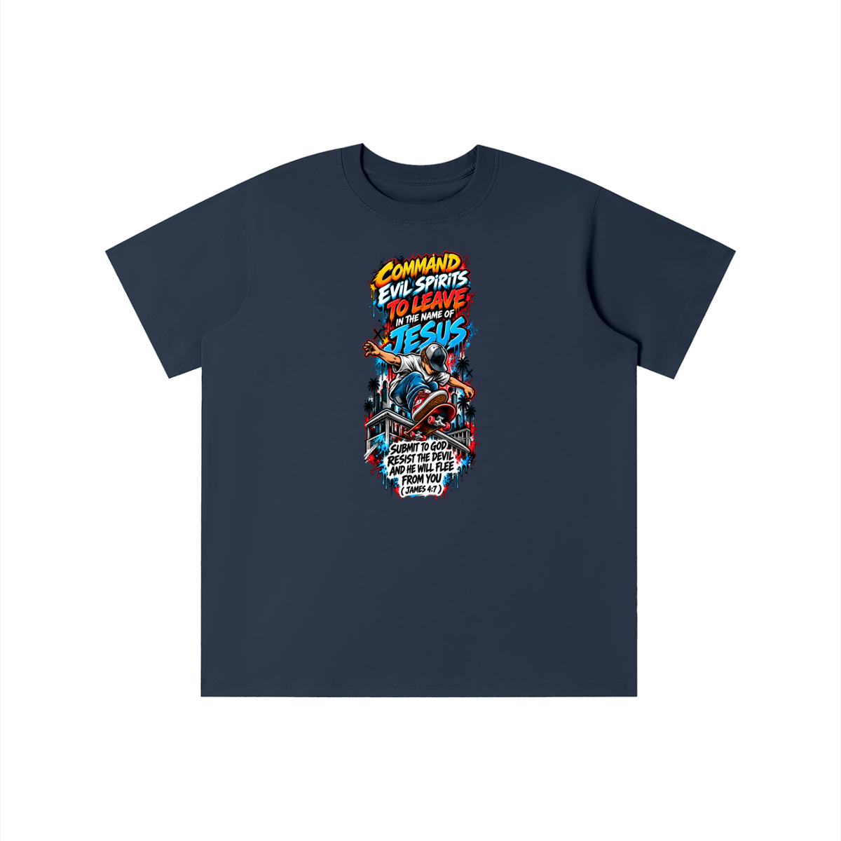 COMMAND EVIL SPIRITS TO LEAVE IN THE NAME OF JESUS SUBMIT TO GOD RESIST THE DEVIL AND HE WILL FLEE FROM YOU ( JAMES 4:7 ) youth T-shirt