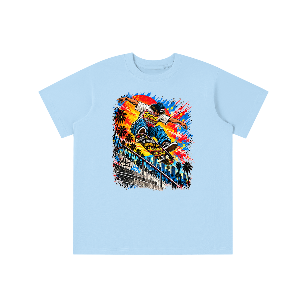 the blood of Jesus speaks better things than the blood of Abel the phrase is inspired by HEBREWS 12:24 skater youth T-shirt