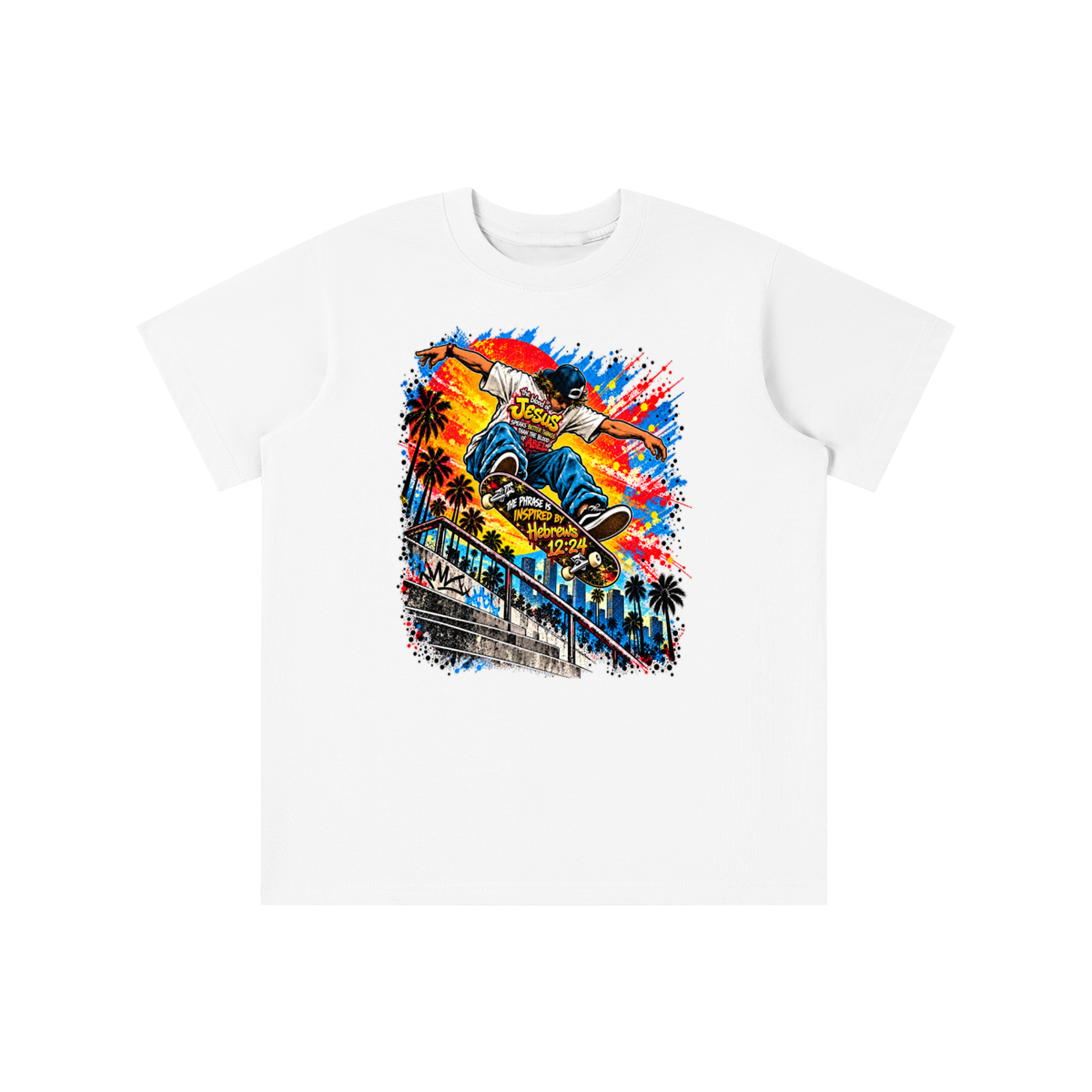the blood of Jesus speaks better things than the blood of Abel the phrase is inspired by HEBREWS 12:24 skater youth T-shirt