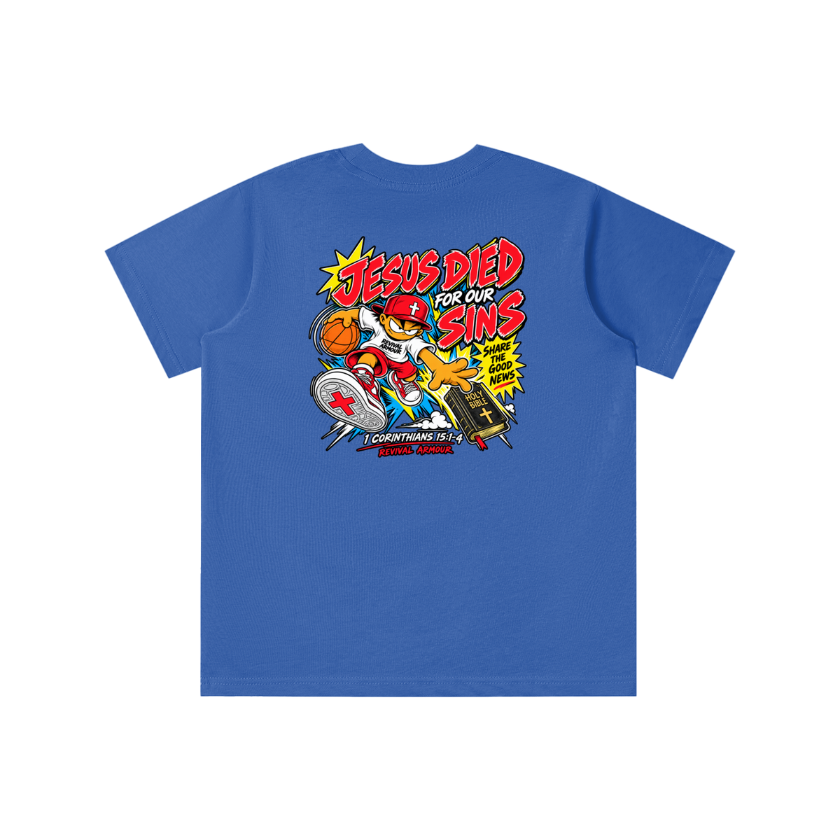 SUBMIT TO JESUS RESIST THE DEVIL AND HE WILL FLEE FROM YOU INSPIRED BY JAMES 4:7 JESUS DIED FOR OUR SINS SHARE THE GOOD NEWS HOLY BIBLE 1 CORTHIANS 15:1-4 REVIVAL ARMOUR Kids' T-shirt