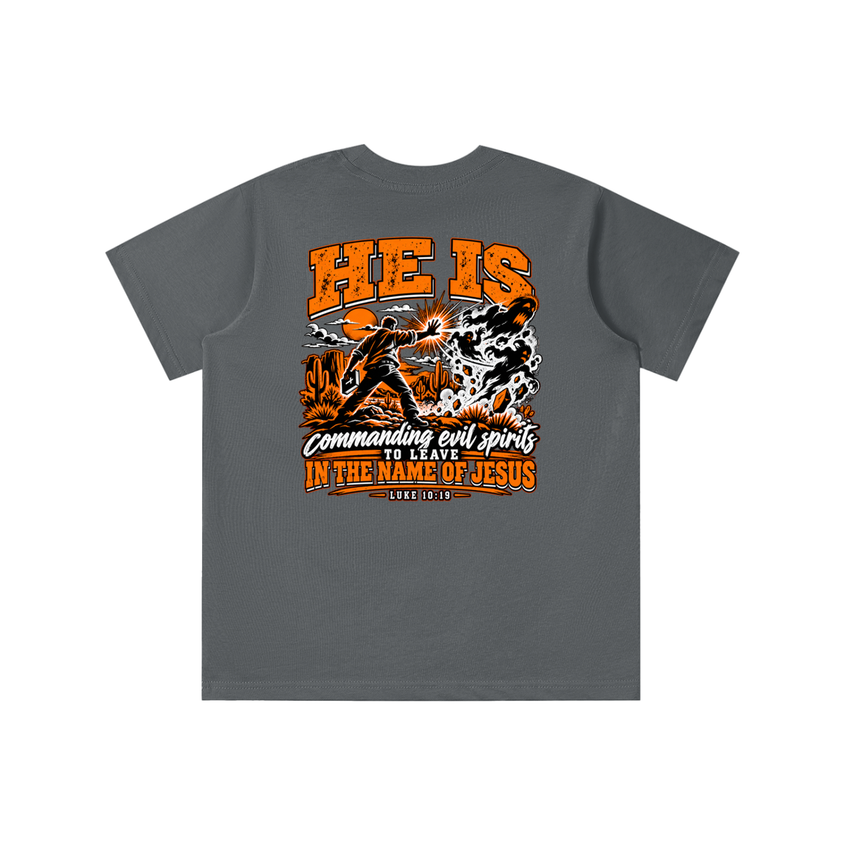THE WEAPONS OF OUR WARFARE ARE NOT CARNAL HE IS COMMANDING EVIL SPIRITS TO LEAVE IN THE NAME OF JESUS - LUKE 10:19 - youth T-shirt