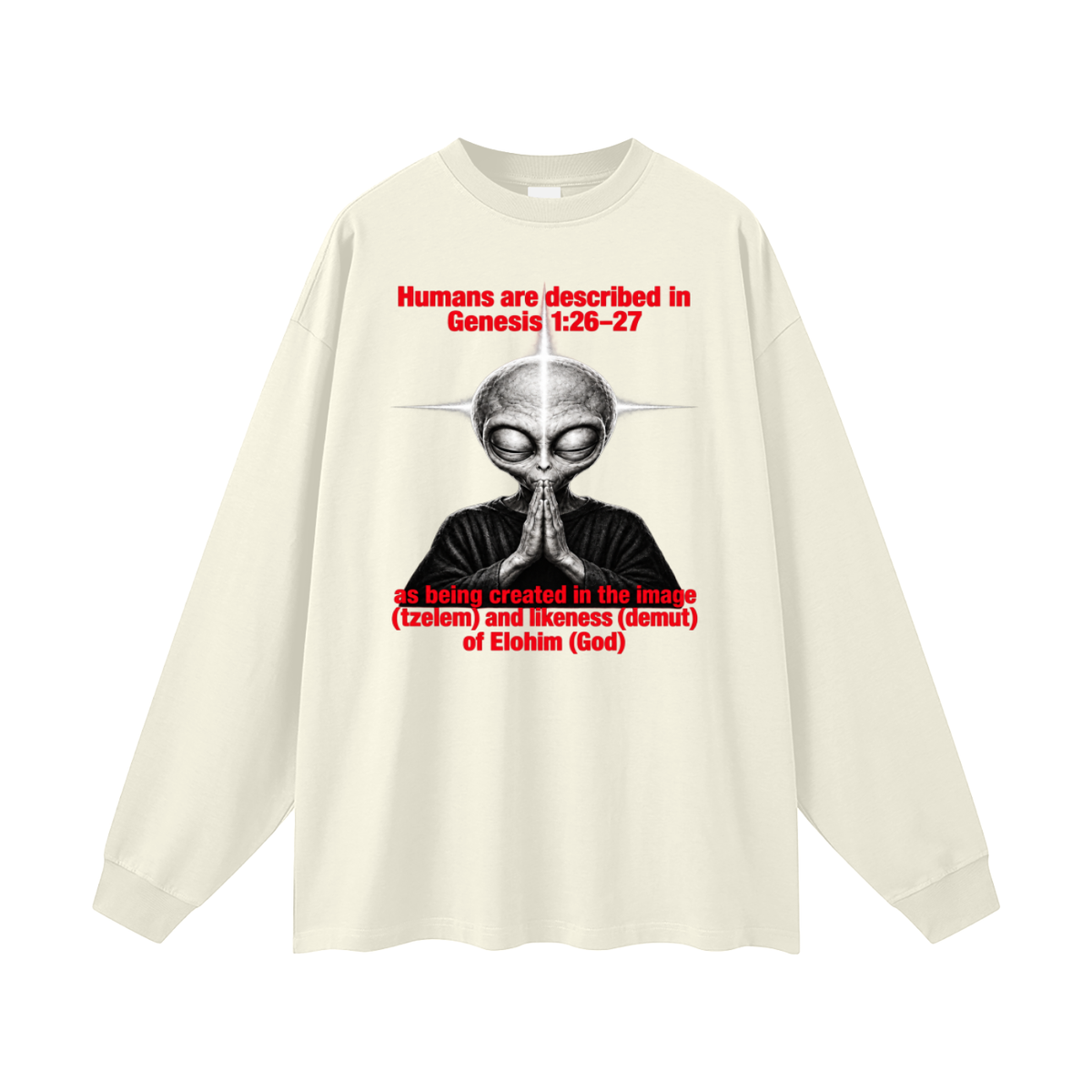 human are described in Genesis 1:26-27 as being created in the image (tzelem) and likeness (demut) of Elohim (God) Long Sleeve T-Shirt