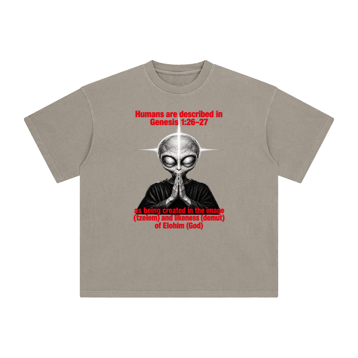 human are described in Genesis 1:26-27 as being created in the image (tzelem) and likeness (demut) of Elohim (God) T-Shirt