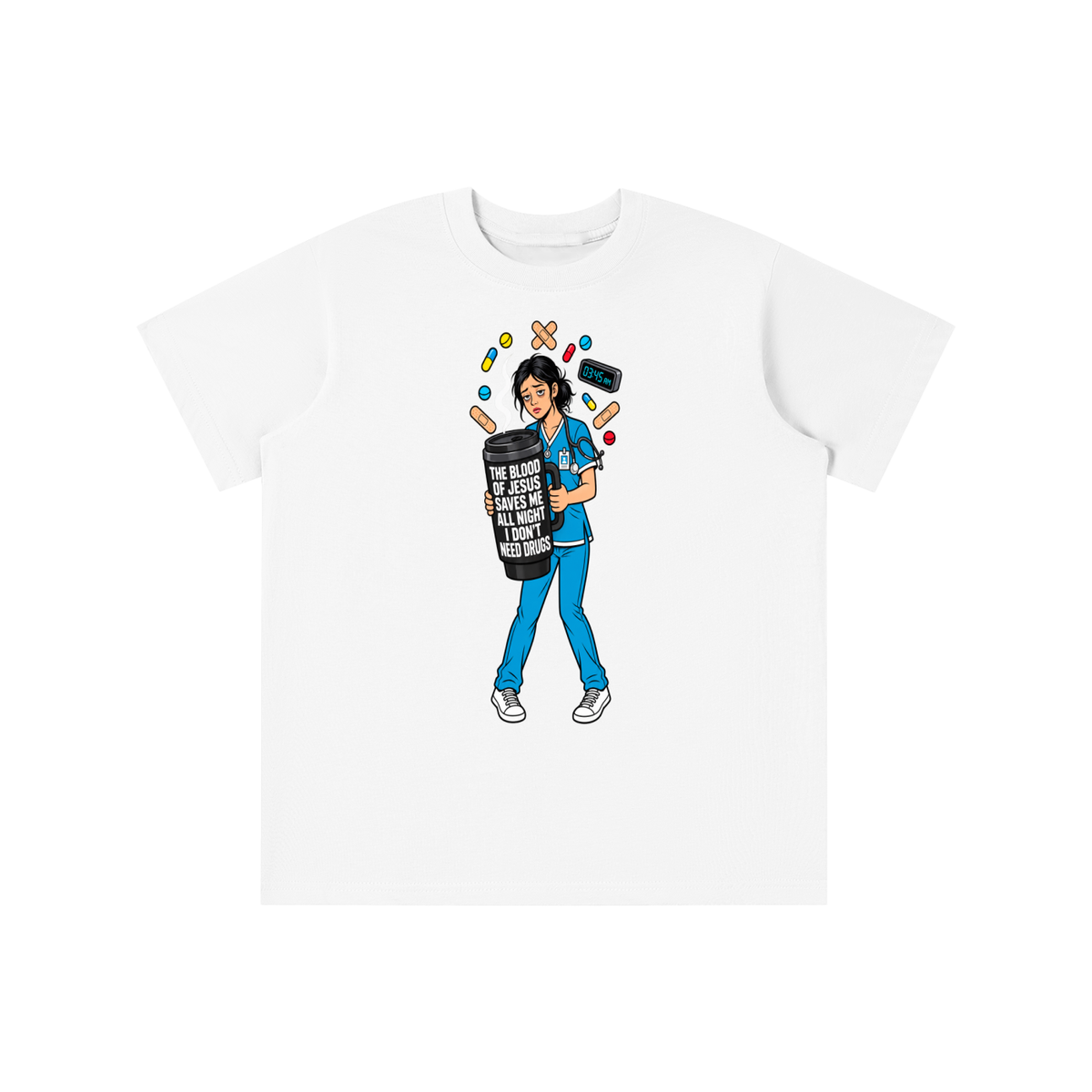 THE BLOOD OF JESUS SAVES ME ALL NIGHT I DON'T NEED DRUGS youth T-shirt