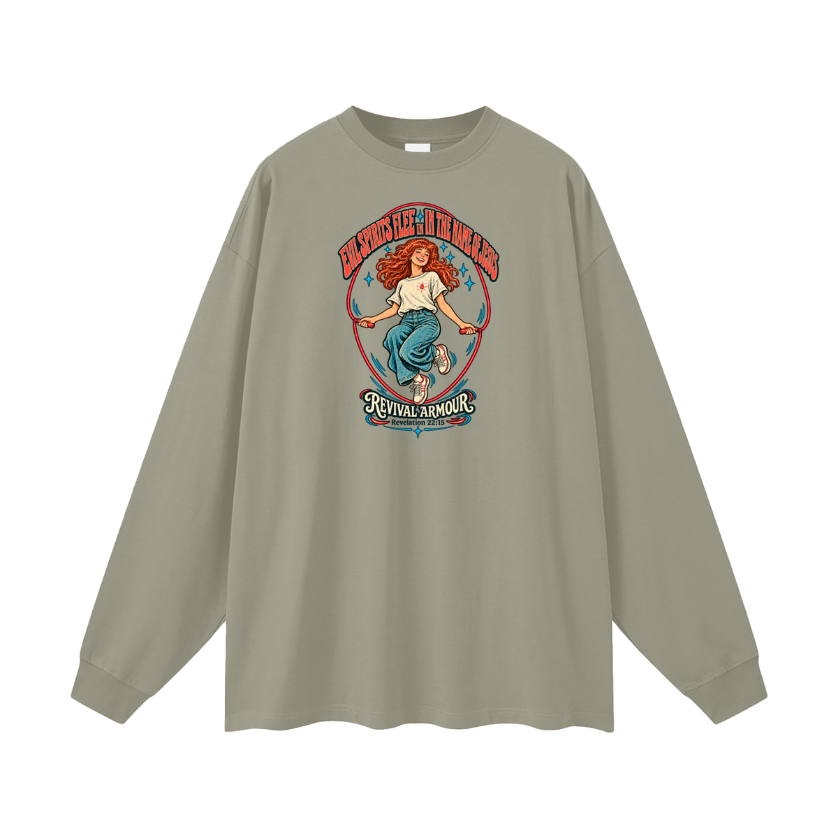 EVIL SPIRITS FLEE IN THE NAME OF JESUS REVIVAL ARMOUR *Revelation 22:15* Long Sleeve T-Shirt
