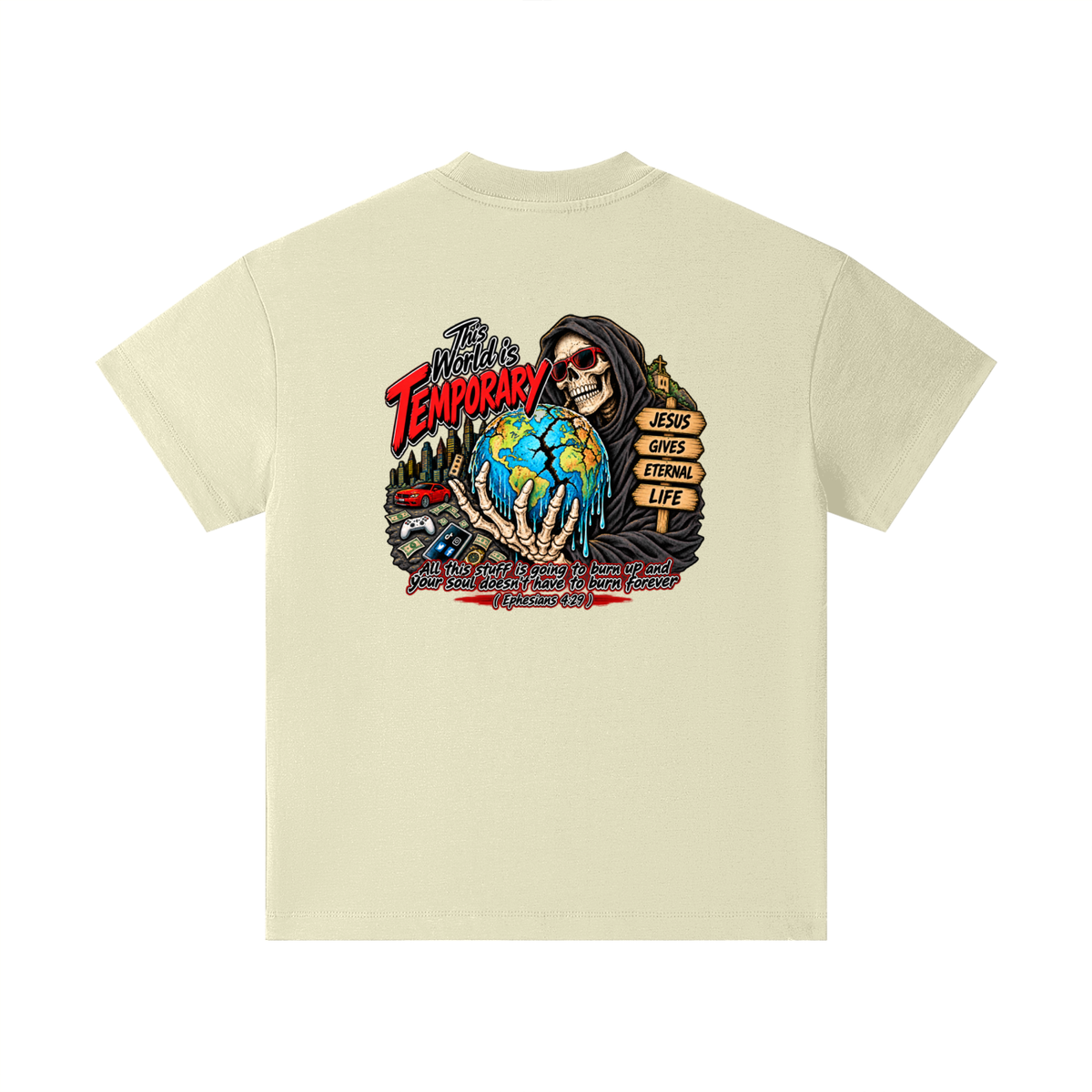 This world is temporary Jesus gives eternal life all this stuff is going to burn up and your doesn't have to burn forever ( Ephesians 4:29 ) Kids T-Shirt