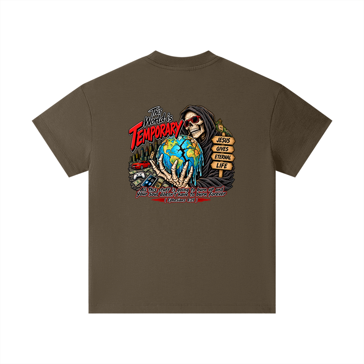 This world is temporary Jesus gives eternal life all this stuff is going to burn up and your doesn't have to burn forever ( Ephesians 4:29 ) Kids T-Shirt