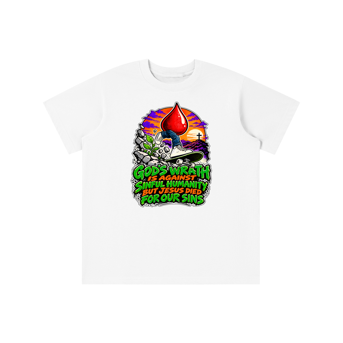 GOD'S WRATH IS AGAINST SINFUL HUMANITY BUT JESUS DIED FOR OUR SINS youth T-shirt