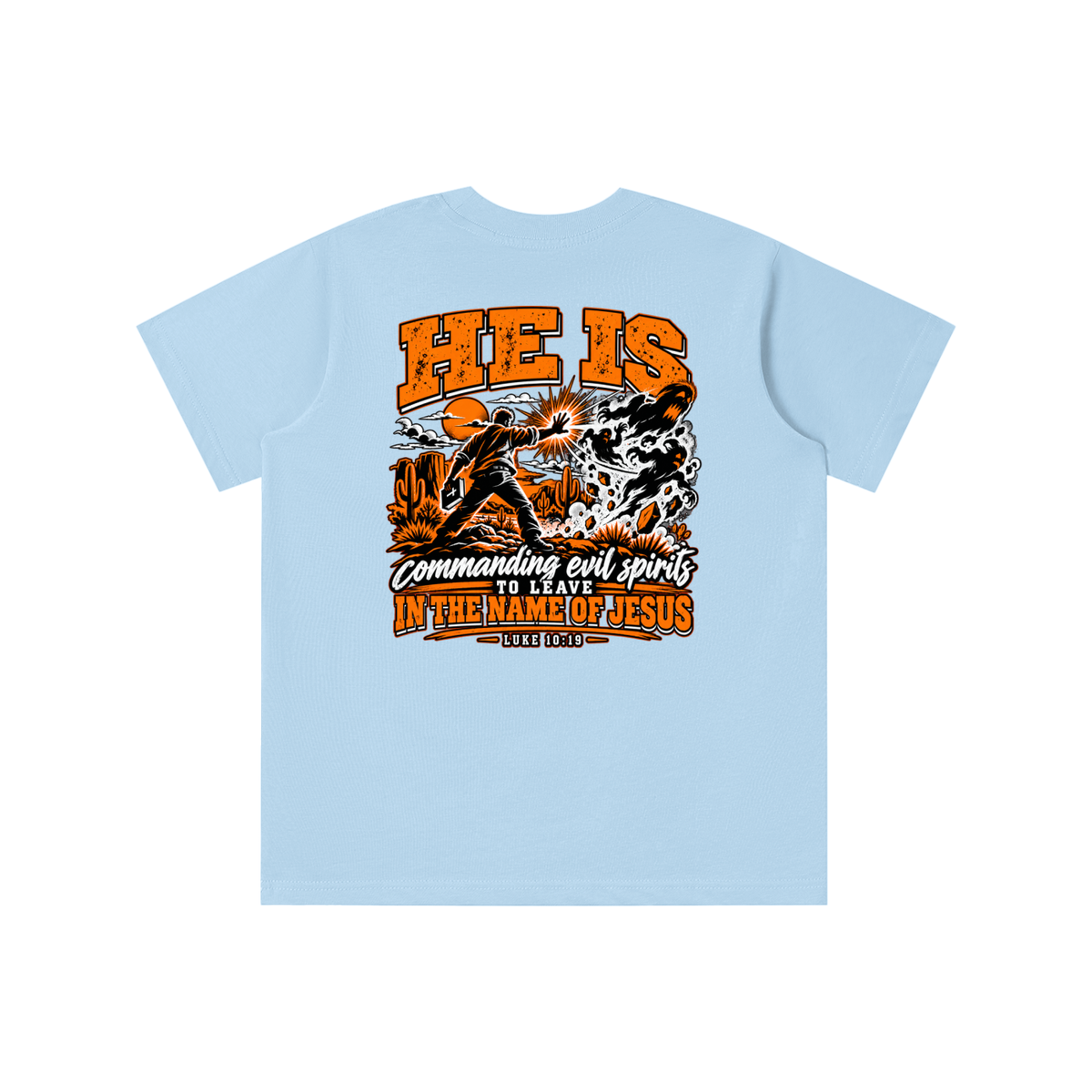 THE WEAPONS OF OUR WARFARE ARE NOT CARNAL HE IS COMMANDING EVIL SPIRITS TO LEAVE IN THE NAME OF JESUS - LUKE 10:19 - youth T-shirt