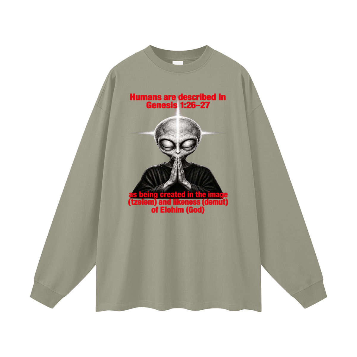 human are described in Genesis 1:26-27 as being created in the image (tzelem) and likeness (demut) of Elohim (God) Long Sleeve T-Shirt