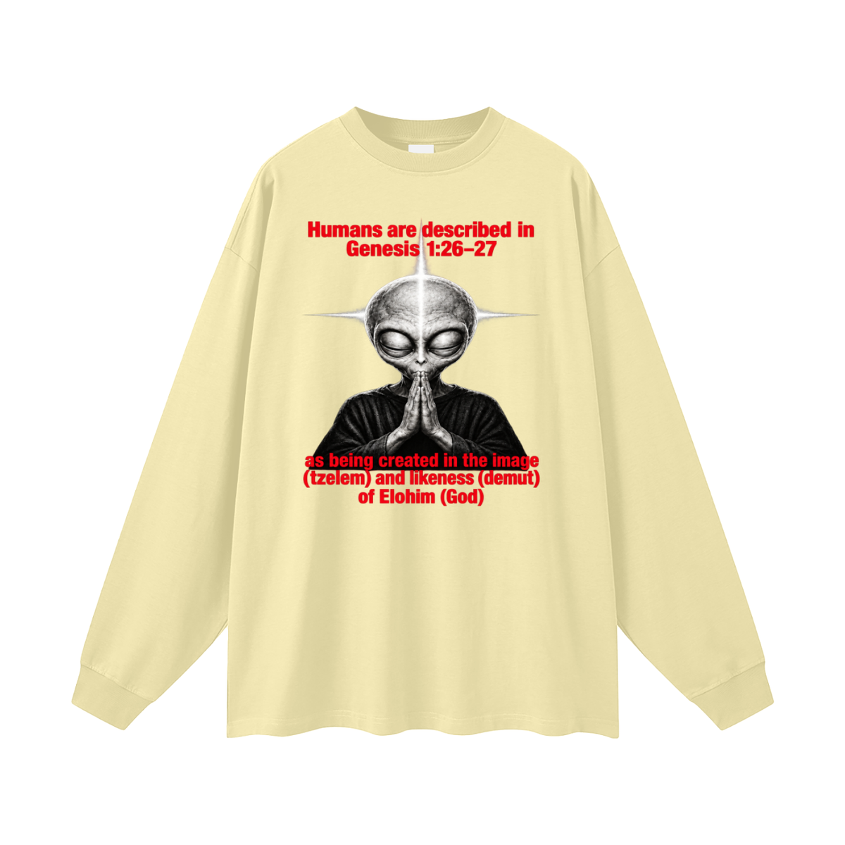 human are described in Genesis 1:26-27 as being created in the image (tzelem) and likeness (demut) of Elohim (God) Long Sleeve T-Shirt