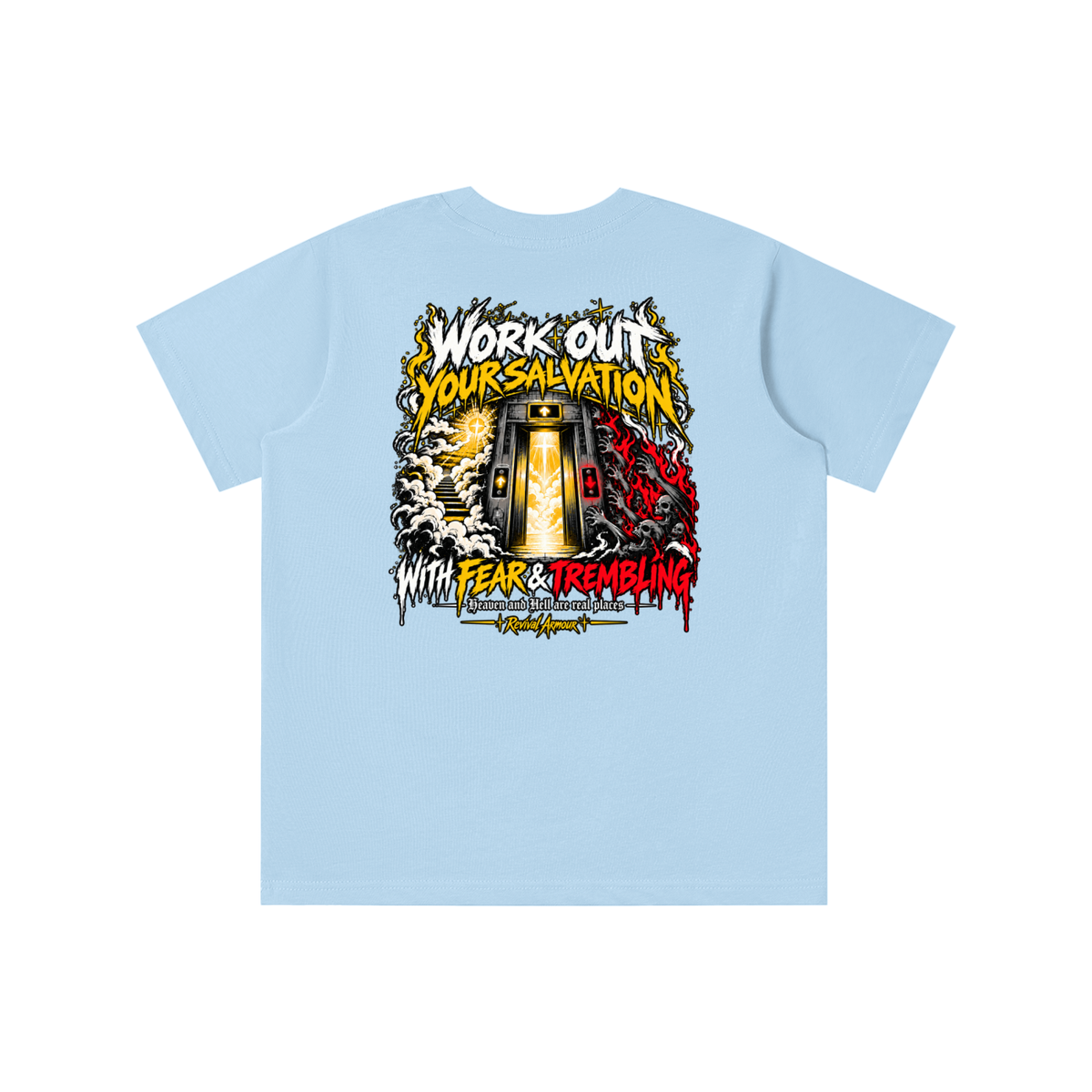 THE WAGE OF SIN IS DEATH WORKOUT YOUR SALVATION WITH FEAR & TREMBLING youth T-shirt