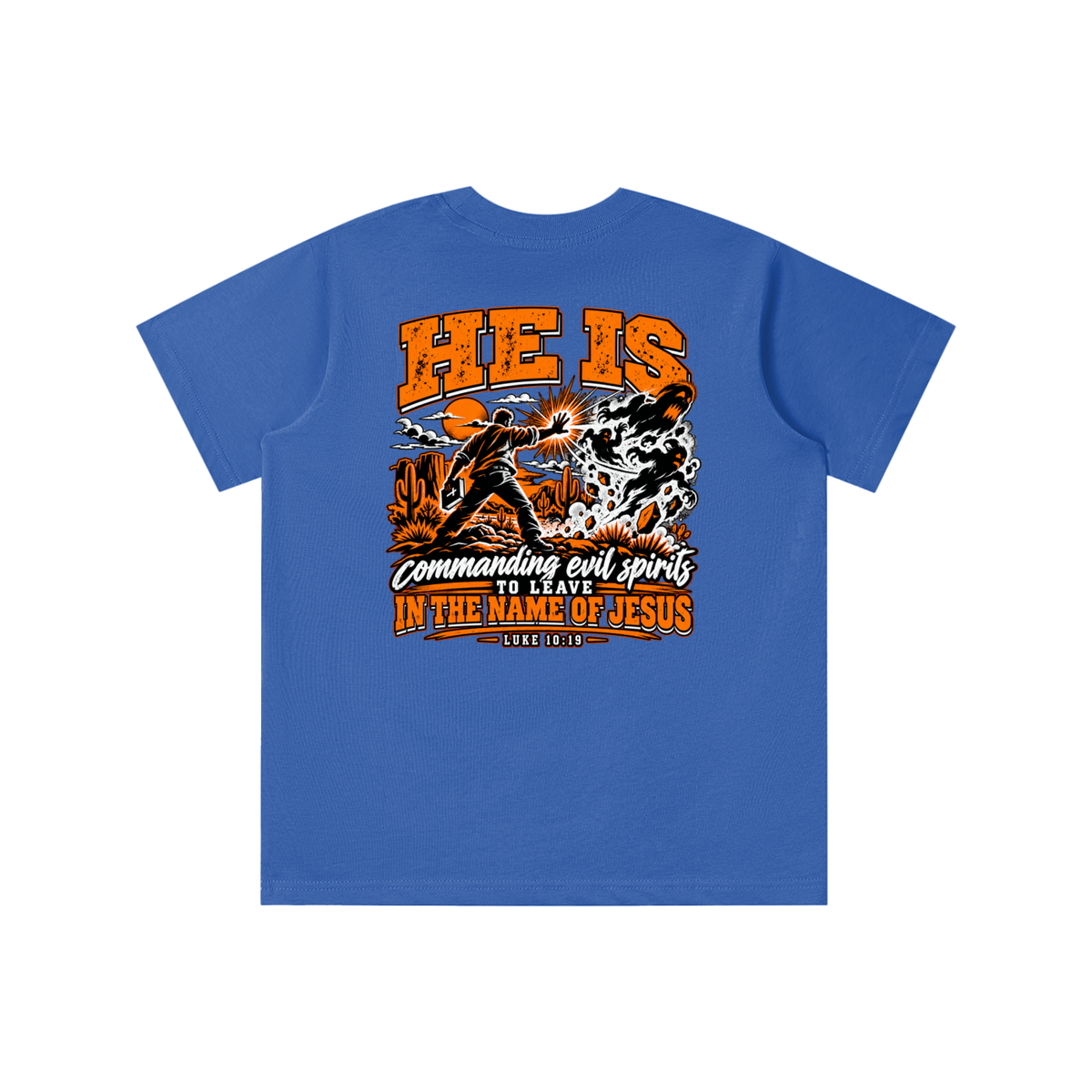 THE WEAPONS OF OUR WARFARE ARE NOT CARNAL HE IS COMMANDING EVIL SPIRITS TO LEAVE IN THE NAME OF JESUS - LUKE 10:19 - youth T-shirt