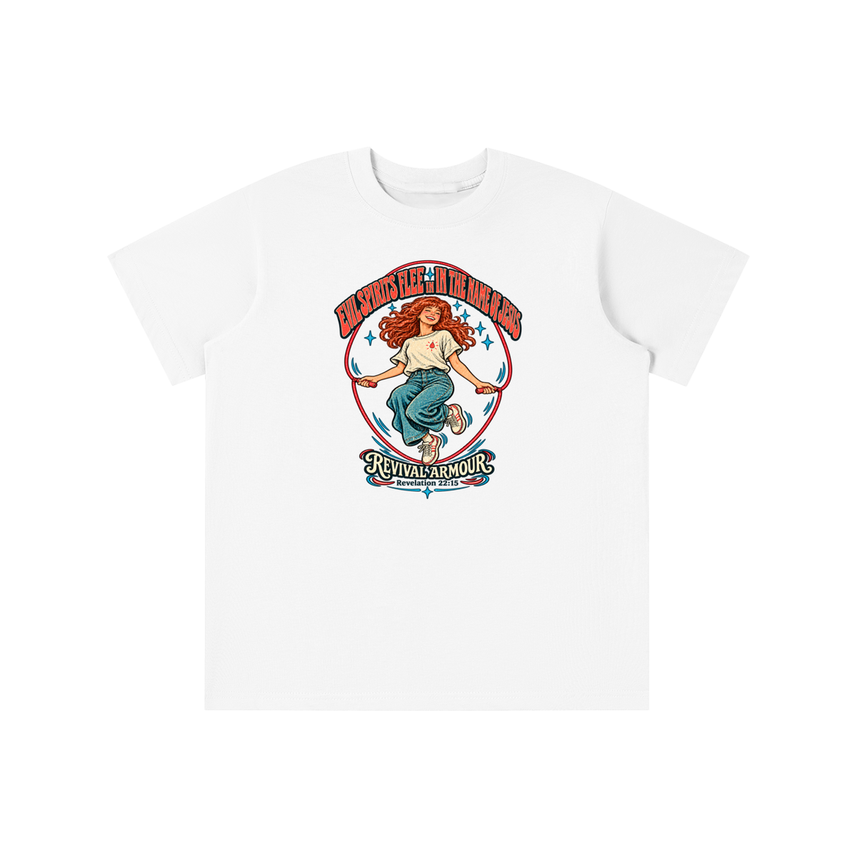 EVIL SPIRITS FLEE IN THE NAME OF JESUS REVIVAL ARMOUR *Revelation 22:15* youth T-shirt