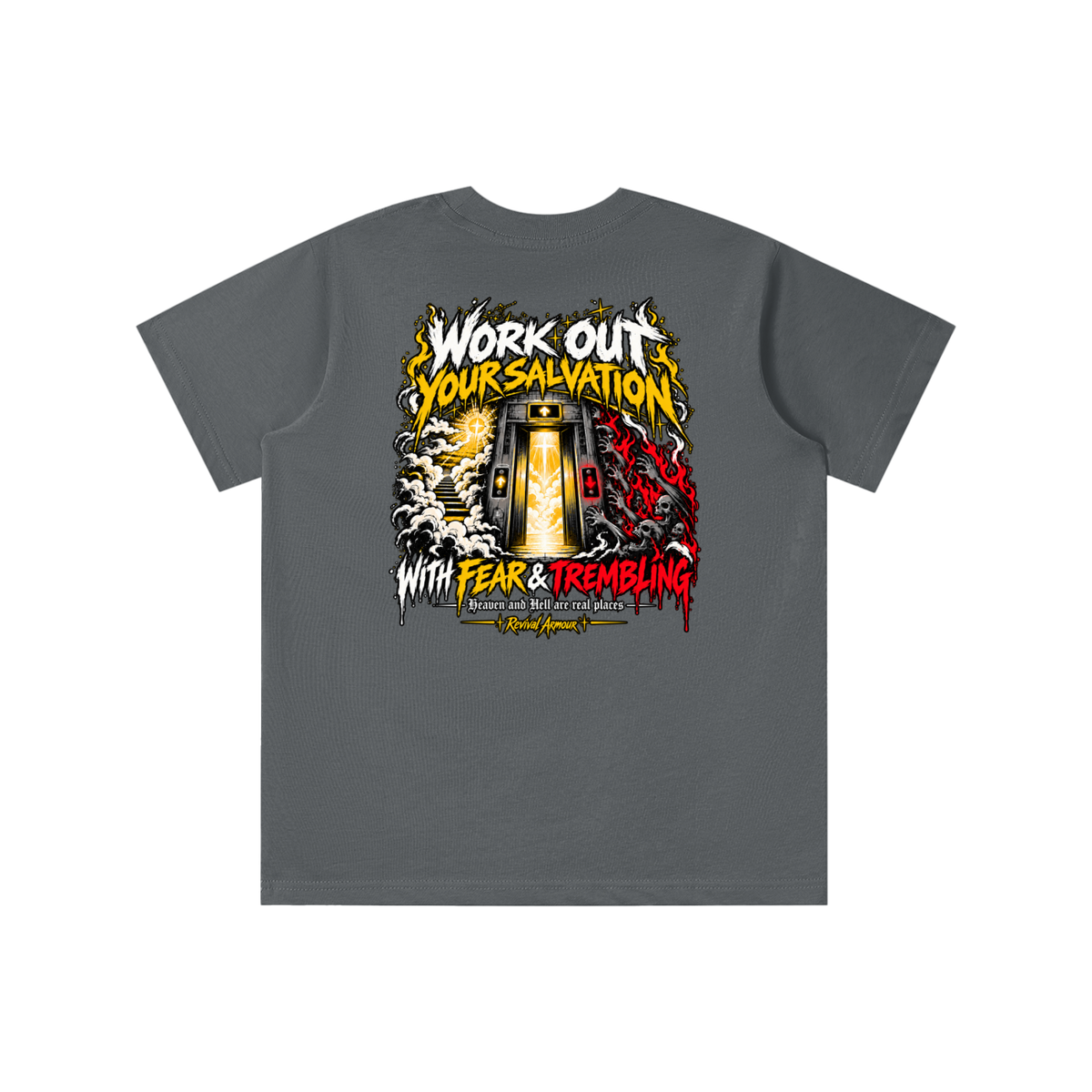 THE WAGE OF SIN IS DEATH WORKOUT YOUR SALVATION WITH FEAR & TREMBLING youth T-shirt